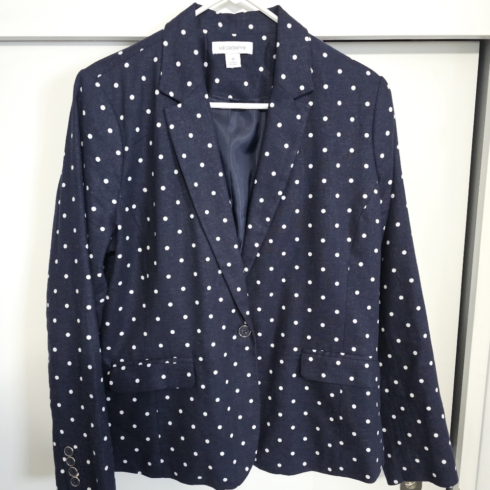 Liz Claiborne Navy Blue Lined Blazer with White Dots